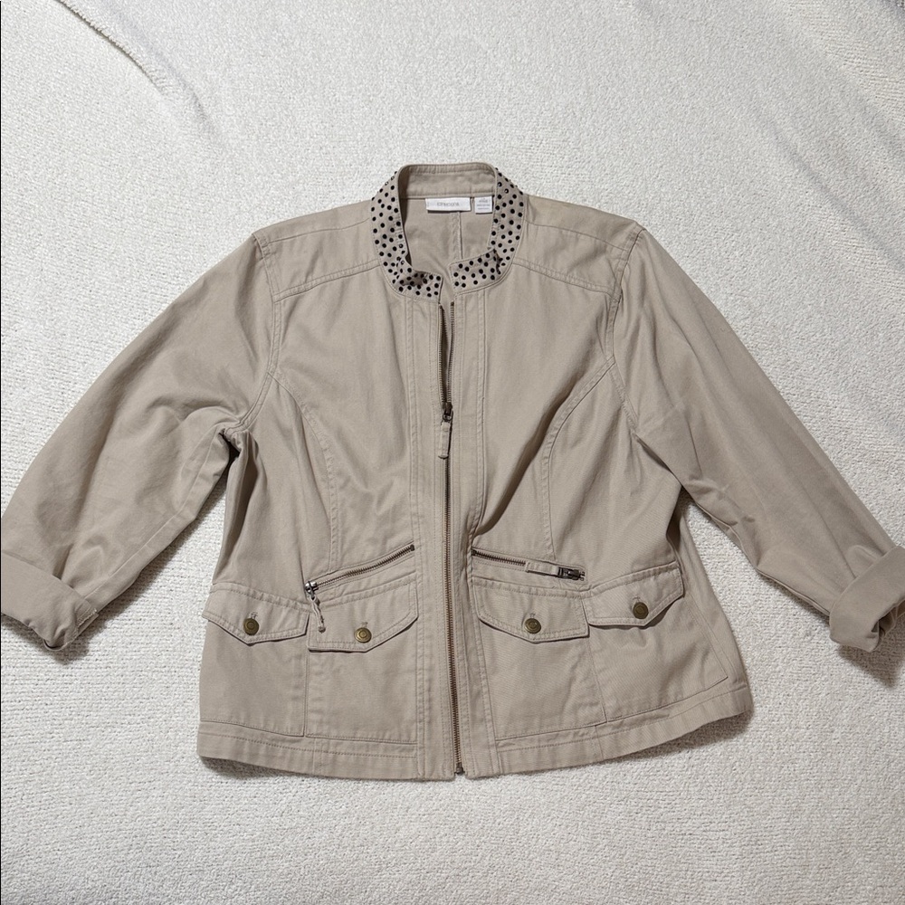 Chico's Beige Utility Jacket with Studded Collar